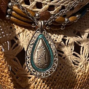 Silver Teardrop Necklace with Teal Accent w/ 24” Chain